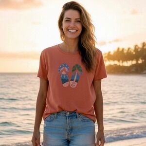 Life is Good Relaxed Fit Flip Flop Shirt Women Small Orange Peach‎ Beach River